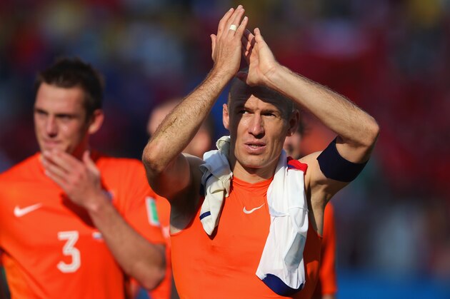 SAO PAULO, BRAZIL - JUNE 23:  Arjen Robben of the Netherlands acknowledges the fans after a 2-0 victory over Chile in the 2014 FIFA World Cup Brazil Group B match between the Netherlands and Chile at Arena de Sao Paulo on June 23, 2014 in Sao Paulo, Brazil.  (Photo by Dean Mouhtaropoulos/Getty Images)