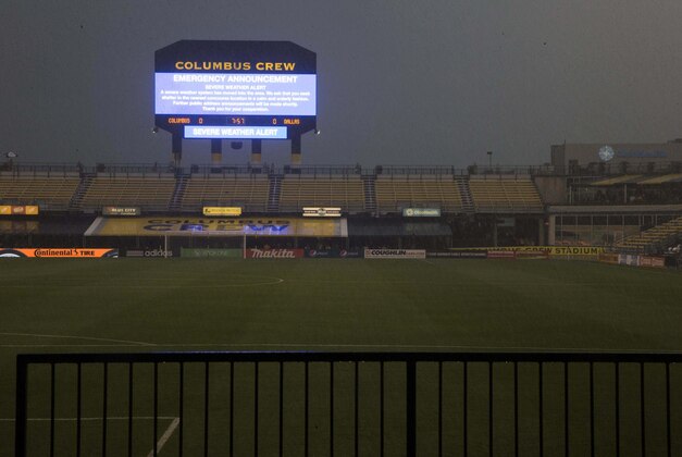 Jun 28, 2014; Columbus, OH, USA; Emergency weather conditions delay the game between the Columbus Crew and FC Dallas at Crew Stadium. Mandatory Credit: Greg Bartram-USA TODAY Sports