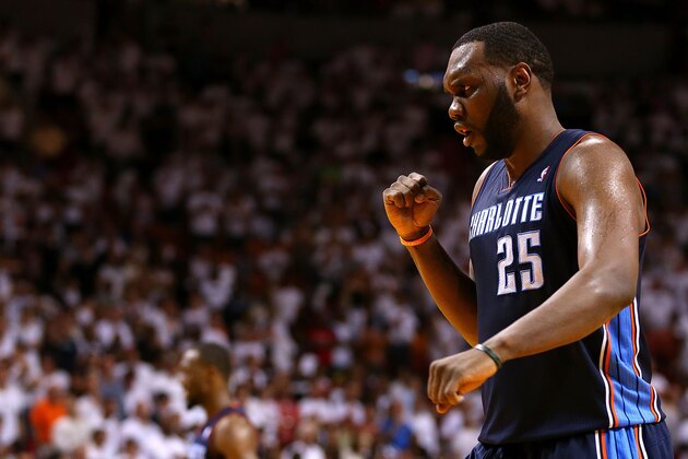 MIAMI, FL - APRIL 23:  Al Jefferson #25 of the Charlotte Bobcats reacts to a play during Game Two of the Eastern Conference Quarterfinals of the 2014 NBA Playoffs against the Miami Heat at AmericanAirlines Arena on April 23, 2014 in Miami, Florida. NOTE TO USER: User expressly acknowledges and agrees that, by downloading and/or using this photograph, user is consenting to the terms and conditions of the Getty Images License Agreement. Mandatory copyright notice:  (Photo by Mike Ehrmann/Getty Images)