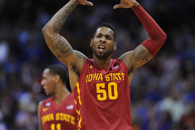 Mar 14, 2014; Kansas City, MO, USA; Iowa State Cyclones guard DeAndre Kane (50) celebrates during the second half against the Kansas Jayhawks in the semifinals of the Big 12 Conference college basketball tournament at Sprint Center. Iowa State won 94-83. Mandatory Credit: Denny Medley-USA TODAY Sports