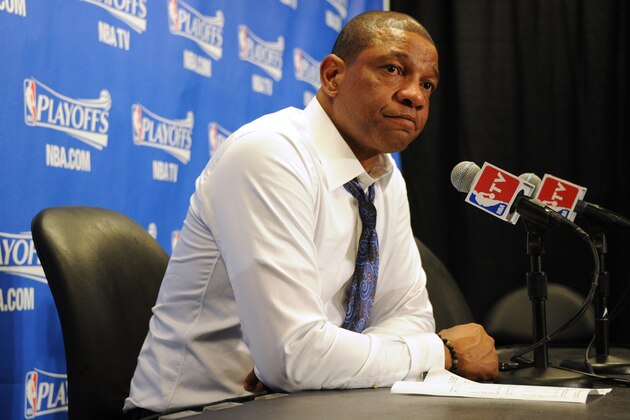 LOS ANGELES, CA - MAY 15:  Doc Rivers of the Los Angeles Clippers talk to the media after Game Six of the Western Conference Semifinals against the Oklahoma City Thunder during the 2014 NBA Playoffs at Staples Center on May 15, 2014 in Los Angeles, California. NOTE TO USER: User expressly acknowledges and agrees that, by downloading and/or using this Photograph, user is consenting to the terms and conditions of the Getty Images License Agreement. Mandatory Copyright Notice: Copyright 2014 NBAE (Photo by Andrew D. Bernstein/NBAE via Getty Images)