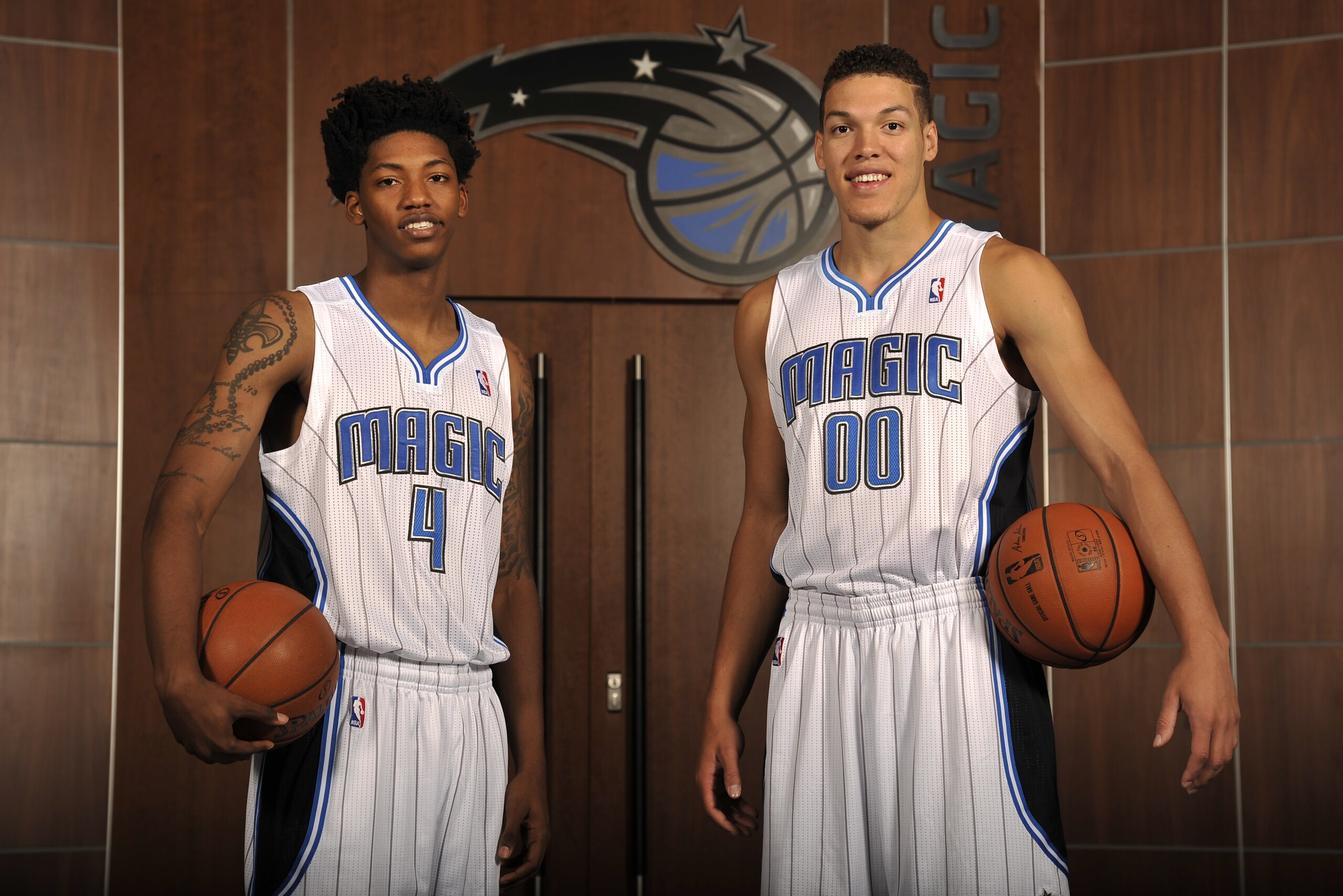 ORLANDO, FL - JUNE 27:  Orlando Magic 2014 NBA Draft Picks Aaron Gordon and Elfrid Payton pose for a portrait on June 27, 2014 at Amway Center in Orlando, Florida. NOTE TO USER: User expressly acknowledges and agrees that, by downloading and or using this photograph, User is consenting to the terms and conditions of the Getty Images License Agreement. Mandatory Copyright Notice: Copyright 2014 NBAE  (Photo by Fernando Medina/NBAE via Getty Images)