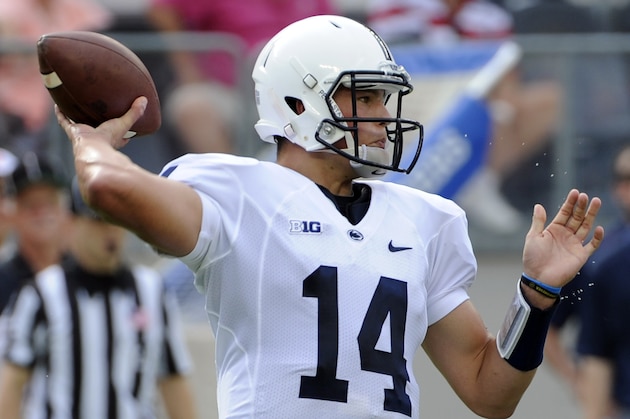 Penn State quarterback Christian Hackenberg throws a pass during the first quarter of an NCAA college football game against Syracuse Saturday, Aug. 31, 2013, in East Rutherford, N.J. (AP Photo/Bill Kostroun)