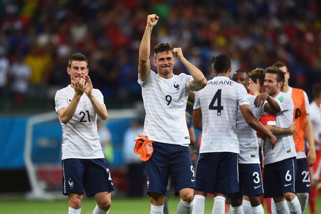 SALVADOR, BRAZIL - JUNE 20:  Olivier Giroud of France celebrates a 5-2 victory in the 2014 FIFA World Cup Brazil Group E match between Switzerland and France at Arena Fonte Nova on June 20, 2014 in Salvador, Brazil.  (Photo by Christopher Lee/Getty Images)