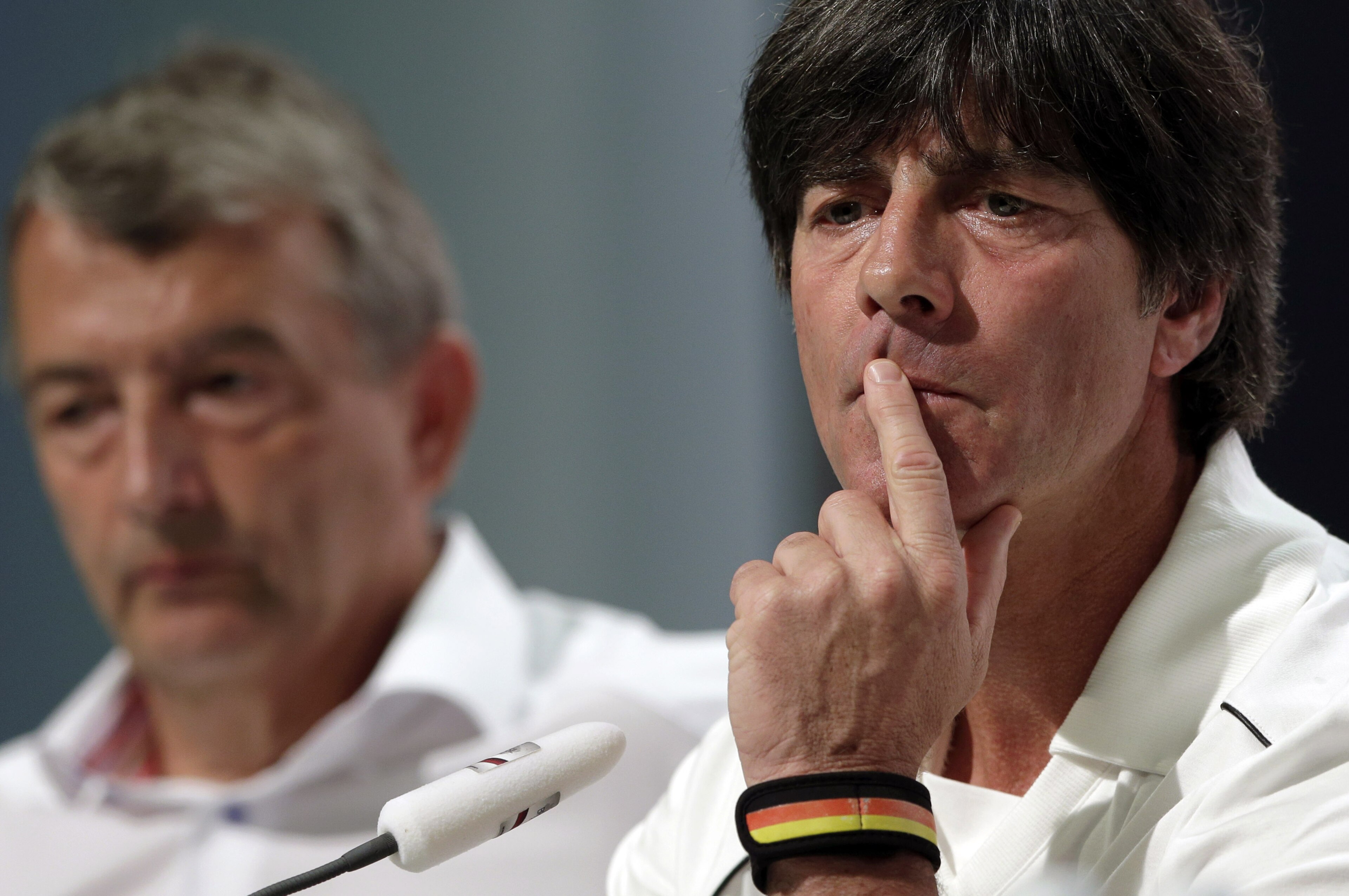 German national soccer team head coach Joachim Loew, right, listens to questions of journalists besides Wolfgang Niersbach, president of German Football Federation (DFB), during a news conference in Santo Andre near Porto Seguro, Brazil, Saturday, June 28, 2014. Germany will face Algeria in their round of 16 match of the 2014 soccer World Cup in Porto Alegro on Monday. (AP Photo/Matthias Schrader) German national soccer team head coach Joachim Loew, right, listens to questions of journalists besides Wolfgang Niersbach, president of German Football Federation (DFB), during a news conference in Santo Andre near Porto Seguro, Brazil, Saturday, June 28, 2014. Germany will face Algeria in their round of 16 match of the 2014 soccer World Cup in Porto Alegro on Monday. (AP Photo/Matthias Schrader)