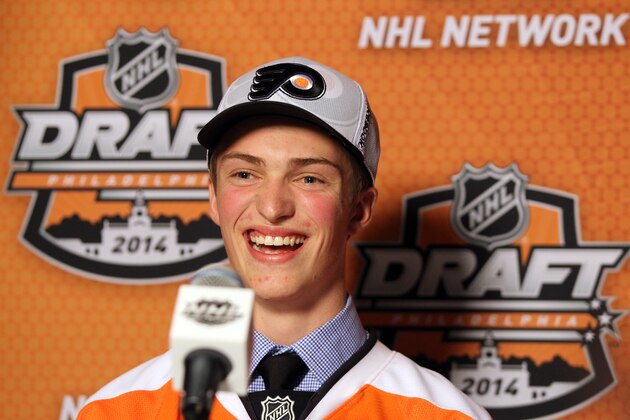 PHILADELPHIA, PA - JUNE 27:  Travis Sanheim is interviewed after being selected seventheenth by the Philadelphia Flyers in the first round of the 2014 NHL Draft at the Wells Fargo Center on June 27, 2014 in Philadelphia, Pennsylvania.  (Photo by Mitchell Leff/Getty Images)