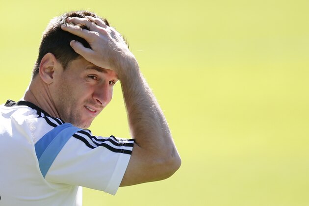 Argentina's Lionel Messi gestures during a training session in Vespesiano, near Belo Horizonte, Brazil, Saturday, June 28, 2014.  Argentina plays in group F of the 2014 soccer World Cup. (AP Photo/Victor R. Caivano)