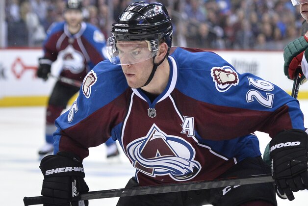 Colorado Avalanche center Paul Stastny look son against the Minnesota Wild during Game 2 of an NHL hockey first-round playoff series on Saturday, April 19, 2014, in Denver. The Avalanche beat the Wild 4-2. (AP Photo/Jack Dempsey)