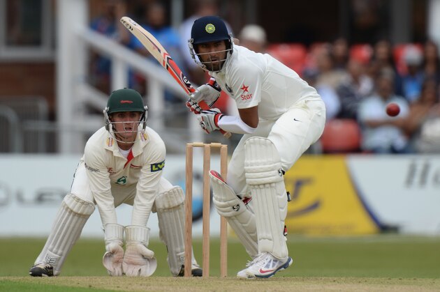LEICESTER, ENGLAND - JUNE 26:  Cheteshwar Pujara of India batting during the Tour Match between Leicestershire and India at Grace Road on June 26, 2014 in Leicester, England.  (Photo by Tony Marshall/Getty Images)