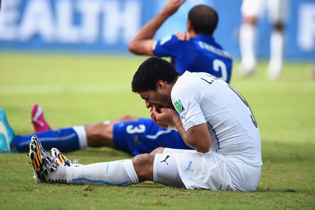 NATAL, BRAZIL - JUNE 24:  Luis Suarez of Uruguay and Giorgio Chiellini of Italy react after a clash during the 2014 FIFA World Cup Brazil Group D match between Italy and Uruguay at Estadio das Dunas on June 24, 2014 in Natal, Brazil.  (Photo by Matthias Hangst/Getty Images)
