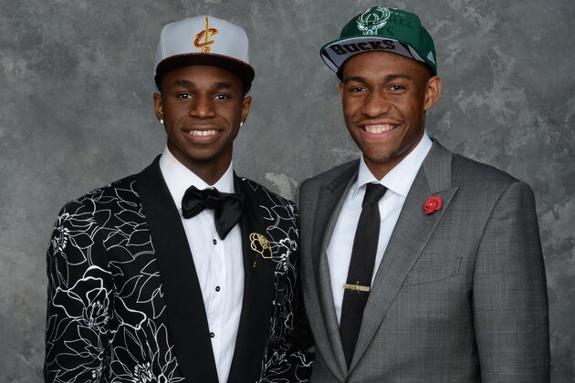 BROOKLYN, NY - JUNE 26:  Andrew Wiggins and Jabari Parker, the first and second pick overall by the  Cleveland Cavaliers and Milwaukee Bucks, pose for a portrait during the 2014 NBA Draft at the Barclays Center on June 26, 2014 in the Brooklyn borough of New York City. NOTE TO USER: User expressly acknowledges and agrees that, by downloading and/or using this photograph, user is consenting to the terms and conditions of the Getty Images License Agreement.  Mandatory Copyright Notice: Copyright 2014 NBAE (Photo by Jennifer Pottheiser/NBAE via Getty Images)