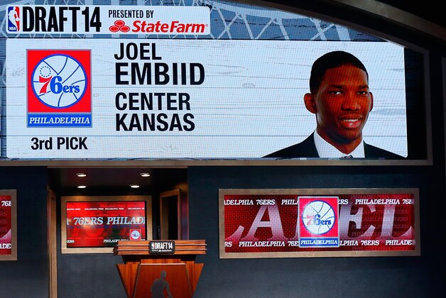 NEW YORK, NY - JUNE 26:  A video screen shows the selection of Joel Embiid of Kansas as the #3 overall pick in the first round by the Philadelphia 76ers during the 2014 NBA Draft at Barclays Center on June 26, 2014 in the Brooklyn borough of New York City. NOTE TO USER: User expressly acknowledges and agrees that, by downloading and/or using this Photograph, user is consenting to the terms and conditions of the Getty Images License Agreement.  (Photo by Mike Stobe/Getty Images)