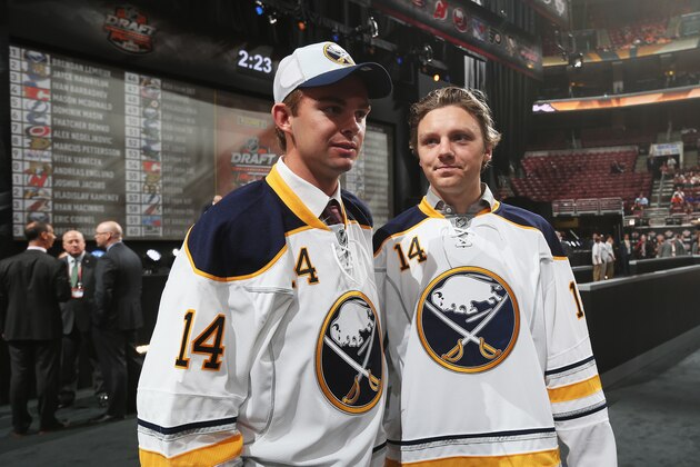 PHILADELPHIA, PA - JUNE 28:  Eric Cornel, pick #41, poses with Sam Reinhart, pick #2, of the Buffalo Sabres on Day Two of the 2014 NHL Draft at the Wells Fargo Center on June 28, 2014 in Philadelphia, Pennsylvania.  (Photo by Bruce Bennett/Getty Images)