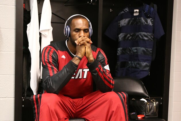 SAN ANTONIO, TX - JUNE 15: LeBron James #6 of the Miami Heat in the locker room before Game Five of the 2014 NBA Finals against the San Antonio Spurs at AT&T Center on June 15, 2014 in San Antonio, Texas. NOTE TO USER: User expressly acknowledges and agrees that, by downloading and/or using this photograph, user is consenting to the terms and conditions of the Getty Images License Agreement.  Mandatory Copyright Notice: Copyright 2014 NBAE (Photo by Nathaniel S. Butler/NBAE via Getty Images)