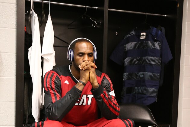 SAN ANTONIO, TX - JUNE 15: LeBron James #6 of the Miami Heat in the locker room before Game Five of the 2014 NBA Finals against the San Antonio Spurs at AT&T Center on June 15, 2014 in San Antonio, Texas. NOTE TO USER: User expressly acknowledges and agrees that, by downloading and/or using this photograph, user is consenting to the terms and conditions of the Getty Images License Agreement.  Mandatory Copyright Notice: Copyright 2014 NBAE (Photo by Nathaniel S. Butler/NBAE via Getty Images)