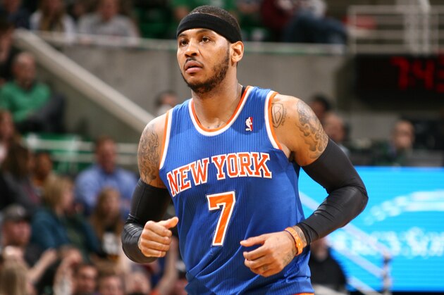 SALT LAKE CITY, UT - MARCH 31:  Carmelo Anthony #7 of the New York Knicks during the game against the Utah Jazz at EnergySolutions Arena on March 31, 2014 in Salt Lake City, Utah. NOTE TO USER: User expressly acknowledges and agrees that, by downloading and or using this Photograph, User is consenting to the terms and conditions of the Getty Images License Agreement. Mandatory Copyright Notice: Copyright 2014 NBAE (Photo by Melissa Majchrzak/NBAE via Getty Images)