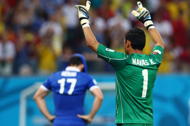 RECIFE, BRAZIL - JUNE 29: Keylor Navas of Costa Rica reacts after saving the penalty kick of Theofanis Gekas of Greece during the 2014 FIFA World Cup Brazil Round of 16 match between Costa Rica and Greece at Arena Pernambuco on June 29, 2014 in Recife, Brazil.  (Photo by Quinn Rooney/Getty Images)
