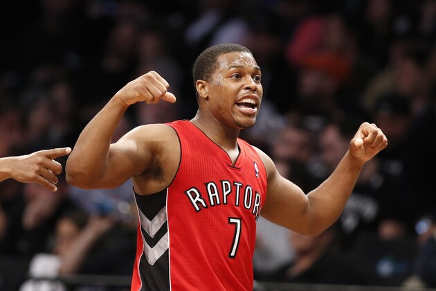 Toronto Raptors guard Kyle Lowry (7) reacts in waning minutes of the second half of Game 4 of an NBA basketball first-round playoff series against the Brooklyn Nets at the Barclays Center, Sunday, April 27, 2014, in New York. The Raptors evened the series at 2-2, defeating the Nets 87-79. (AP Photo/Kathy Willens)