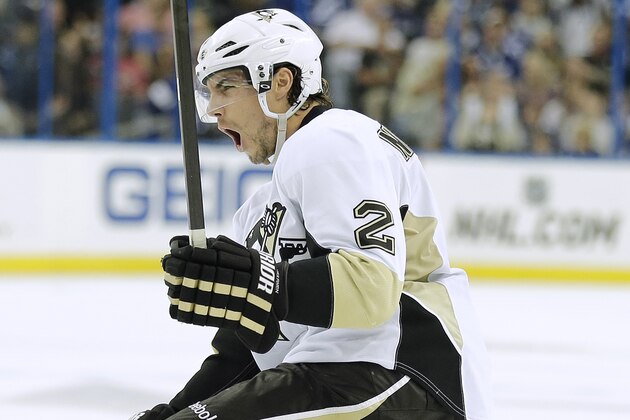 Pittsburgh Penguins defenseman Matt Niskanen (2) celebrates his game-winning goal against the Tampa Bay Lightning during the third period of an NHL hockey game Saturday, Oct. 12, 2013, in Tampa, Fla. The Penguins won the game 5-4. (AP Photo/Chris O'Meara)