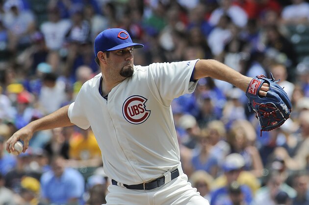 Chicago Cubs starting pitcher Jason Hammel delivers during the first inning of a baseball game against the Pittsburgh Pirates, Sunday, June 22, 2014, in Chicago. (AP Photo/Matt Marton)