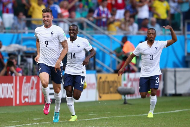 SALVADOR, BRAZIL - JUNE 20:  Olivier Giroud of France celebrates scoring his team's first goal during the 2014 FIFA World Cup Brazil Group E match between Switzerland and France at Arena Fonte Nova on June 20, 2014 in Salvador, Brazil.  (Photo by Adam Pretty/Getty Images)