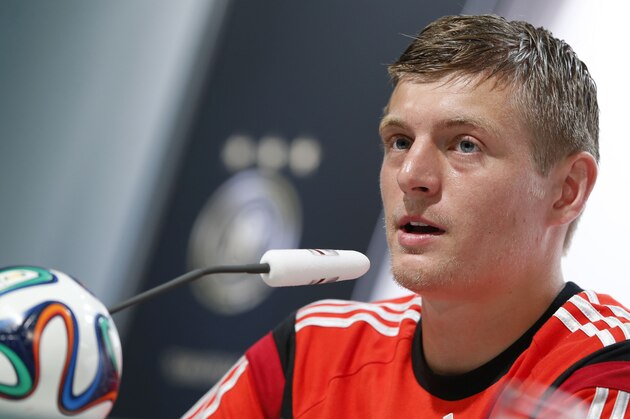 Germany national soccer player Toni Kroos attends a news conference in Santo Andre near Porto Seguro, Brazil, Wednesday, June 18, 2014. Germany play in group G of the 2014 soccer World Cup. (AP Photo/Matthias Schrader)