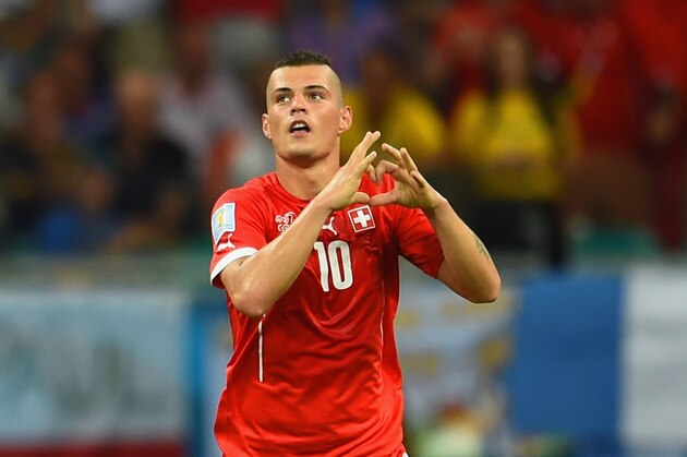 SALVADOR, BRAZIL - JUNE 20:  Granit Xhaka of Switzerland celebrates scoring his team's second goal during the 2014 FIFA World Cup Brazil Group E match between Switzerland and France at Arena Fonte Nova on June 20, 2014 in Salvador, Brazil.  (Photo by Christopher Lee/Getty Images)