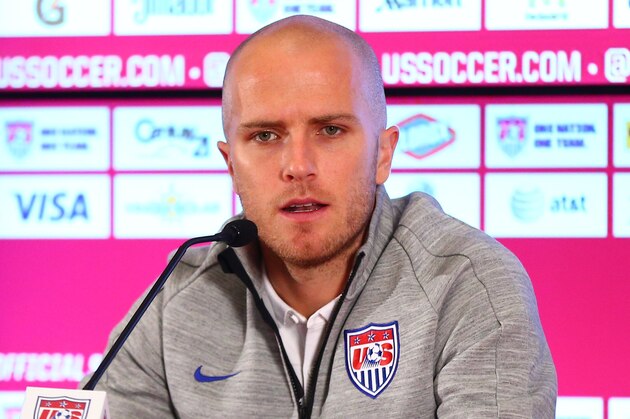 Jun 20, 2014; Sao Paulo, BRAZIL; USA midfielder Michael Bradley speaks during a press conference prior to team training at Sao Paulo FC. Mandatory Credit: Mark J. Rebilas-USA TODAY Sports