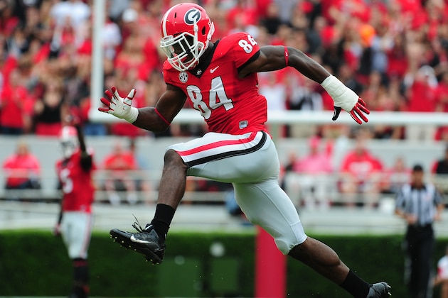 ATHENS, GA - SEPTEMBER 21: Leonard Floyd #84 of the Georgia Bulldogs celebrates after making a tackle against the North Texas Mean Green at Sanford Stadium on September 21, 2013 in Athens, Georgia. (Photo by Scott Cunningham/Getty Images)