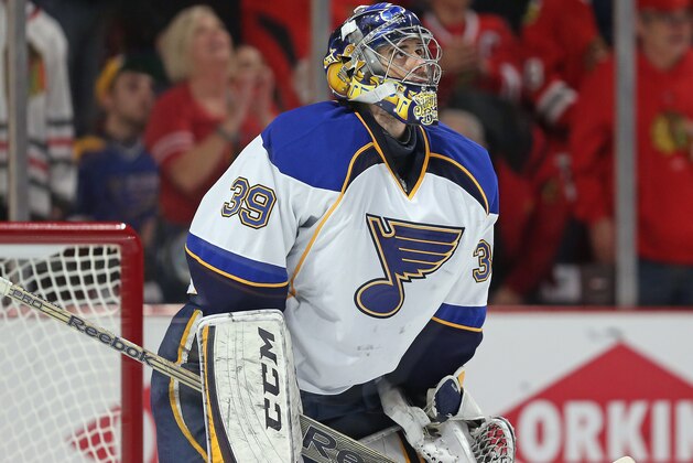 CHICAGO, IL - APRIL 27: Ryan Miller #39 of the St. Louis Blues looks up at thr replay board after giving up a third period goal to the Chicago Blackhawks in Game Six of the First Round of the 2014 NHL Stanley Cup Playoffs at the United Center on April 27, 2014  in Chicago, Illinois. The Blackhawks defeated the Blues 5-1 to win the series four games to two. (Photo by Jonathan Daniel/Getty Images)