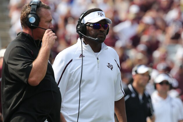 Sep 14, 2013; College Station, TX, USA; Texas A&M Aggies defensive coordinator Mark Snyder (left) with head coach Kevin Sumlin against the Alabama Crimson Tide at Kyle Field. Mandatory Credit: Matthew Emmons-USA TODAY Sports
