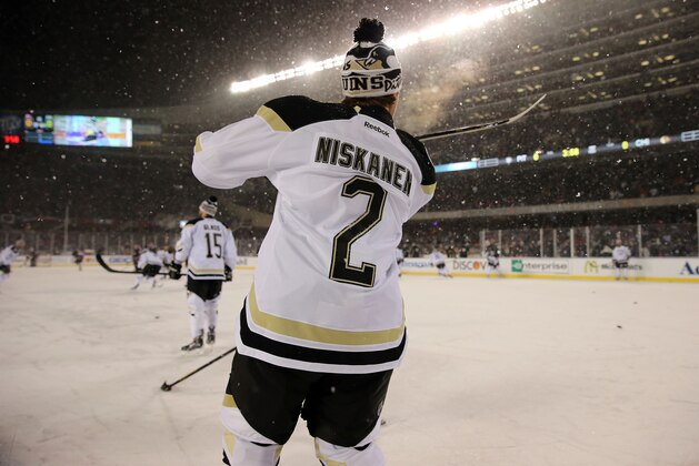 CHICAGO, IL - MARCH 1:  (EDITORIAL USE ONLY) Matt Niskanen #2 of the Pittsburgh Penguins warms up before taking on the Chicago Blackhawks in the 2014 Coors Light NHL Stadium Series game at Soldier Field on March 1, 2014 in Chicago, Illinois.  (Photo by Tasos Katopodis /Getty Images)
