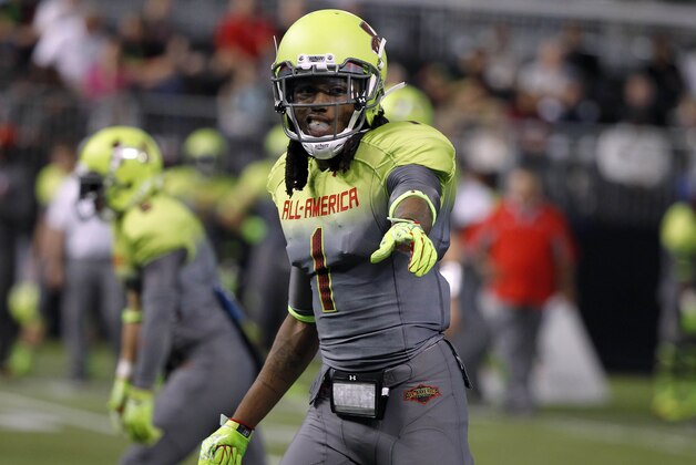 Jan 2, 2014; St. Petersburg, FL, USA; Team Nitro wide receiver Ermon Lane (1) during the first half in the Under Armour All America football game at Tropicana Field. Mandatory Credit: Kim Klement-USA TODAY Sports