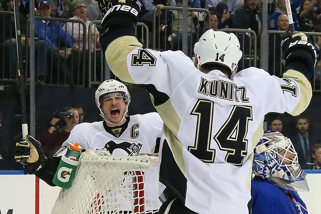 NEW YORK, NY - MAY 07:  Chris Kunitz #14 of the Pittsburgh Penguins celebrates his third period goal with teammate Sidney Crosby #87 against the New York Rangers during Game Four of the Second Round in the 2014 NHL Stanley Cup Playoffs at Madison Square Garden on May 7, 2014 in New York City.  (Photo by Bruce Bennett/Getty Images)