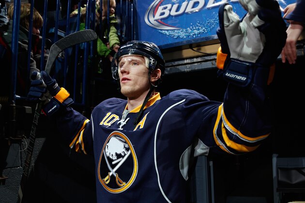 BUFFALO, NY - DECEMBER 17: Christian Ehrhoff #10 of the Buffalo Sabres takes to the ice to warm up to play the Winnipeg Jets at First Niagara Center on December 17, 2013 in Buffalo, New York.  (Photo by Jen Fuller/Getty Images)