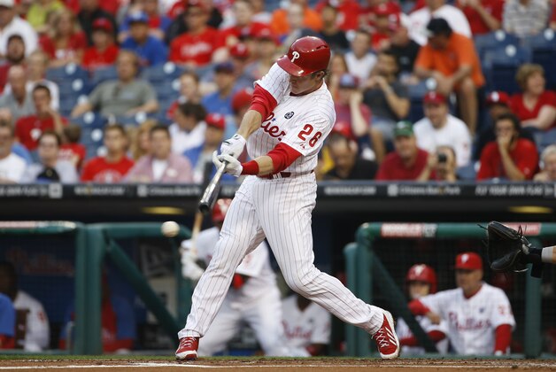 Philadelphia Phillies' Chase Utley in action during a baseball game against the San Diego Padres, Tuesday, June 10, 2014, in Philadelphia. (AP Photo/Matt Slocum)