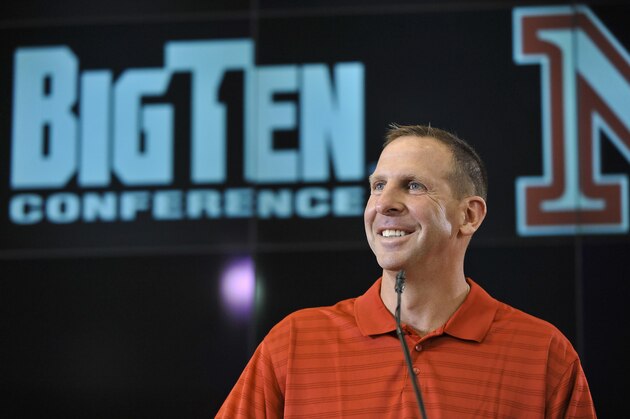 LINCOLN, NE. - JUNE 11:  University of Nebraska football coach Bo Pelini jokes with members of the media at a press conference announcing Nebraska accepting an invitation to join the Big Ten Conference June 11, 2010  in Lincoln, Nebraska.  The university will begin integration immediately and start athletic competition as soon as 2011. (Photo by Eric Francis/Getty Images)