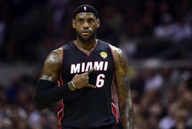 Jun 15, 2014; San Antonio, TX, USA; Miami Heat forward LeBron James (6) calls a play during the first quarter against the San Antonio Spurs in game five of the 2014 NBA Finals at AT&T Center. Mandatory Credit: Bob Donnan-USA TODAY Sports