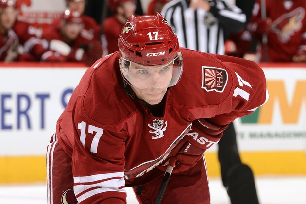 GLENDALE, AZ - APRIL 13:  Radim Vrbata #17 of the Phoenix Coyotes gets ready during a facoff against the Dallas Stars at Jobing.com Arena on April 13, 2014 in Glendale, Arizona.  (Photo by Norm Hall/NHLI via Getty Images)