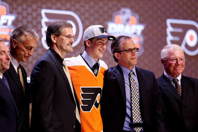 PHILADELPHIA, PA - JUNE 27: Travis Sanheim is selected seventheenth by the Philadelphia Flyers in the first round of the 2014 NHL Draft at the Wells Fargo Center on June 27, 2014 in Philadelphia, Pennsylvania. (Photo by Mitchell Leff/Getty Images) PHILADELPHIA, PA - JUNE 27: Travis Sanheim is selected seventheenth by the Philadelphia Flyers in the first round of the 2014 NHL Draft at the Wells Fargo Center on June 27, 2014 in Philadelphia, Pennsylvania. (Photo by Mitchell Leff/Getty Images)