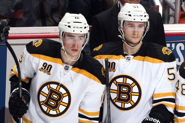 ANAHEIM, CA - JANUARY 7:  Patrice Bergeron #37, Carl Soderberg #34, Reilly Smith #18, Ryan Spooner #51 and David Krejci #46 of the Boston Bruins look on from the bench during the game against the Anaheim Ducks on January 7, 2014 at Honda Center in Anaheim, California. (Photo by Debora Robinson/NHLI via Getty Images)