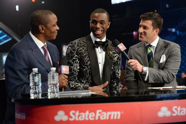 BROOKLYN, NY - JUNE 26: Andrew Wiggins talks with Isiah Thomas of NBA TV during the 2014 NBA Draft on June 26, 2014 at Barclays Center in Brooklyn, New York. NOTE TO USER: User expressly acknowledges and agrees that, by downloading and or using this photograph, User is consenting to the terms and conditions of the Getty Images License Agreement. Mandatory Copyright Notice: Copyright 2014 NBAE (Photo by Jesse D. Garrabrant/NBAE via Getty Images)