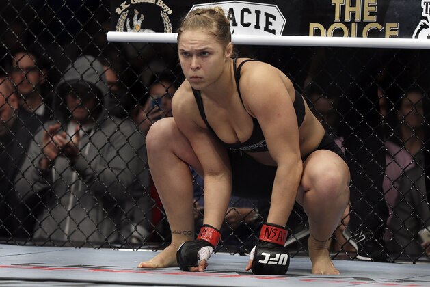 Ronda Rousey prepares for a UFC 170 mixed martial arts women's bantamweight title fight against Sara McMann on Saturday, Feb. 22, 2014, in Las Vegas. (AP Photo/Isaac Brekken)