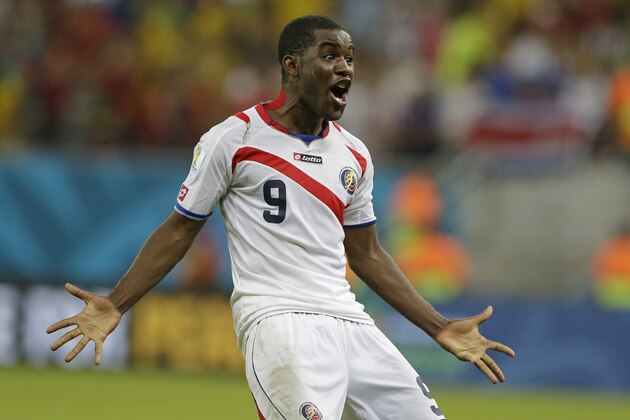 Costa Rica's Joel Campbell celebrates after winning a penalty shootout at the end of the World Cup round of 16 soccer match between Costa Rica and Greece at the Arena Pernambuco in Recife, Brazil, Sunday, June 29, 2014. Costa Rica won 5-3 on penalties after the match ended 1-1.  (AP Photo/Ricardo Mazalan)
