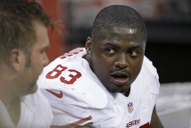 San Francisco 49ers tight end Demarcus Dobbs (83) sits on the sideline in the second half of an NFL football game against the New Orleans Saints in New Orleans, Sunday, Nov. 17, 2013. (AP Photo/Dave Martin) San Francisco 49ers tight end Demarcus Dobbs (83) sits on the sideline in the second half of an NFL football game against the New Orleans Saints in New Orleans, Sunday, Nov. 17, 2013. (AP Photo/Dave Martin)