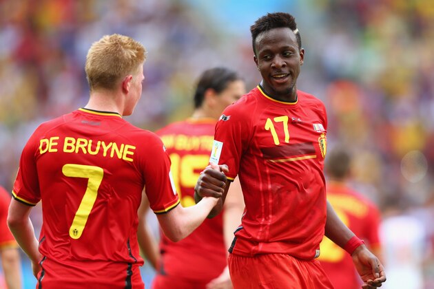 RIO DE JANEIRO, BRAZIL - JUNE 22:  Divock Origi of Belgium (right) celebrates scoring his team's first goal with Kevin De Bruyne during the 2014 FIFA World Cup Brazil Group H match between Belgium and Russia at Maracana on June 22, 2014 in Rio de Janeiro, Brazil.  (Photo by Jamie Squire/Getty Images)