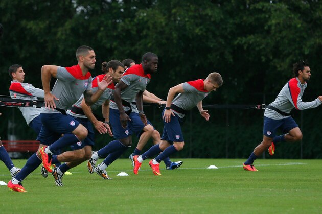 SAO PAULO, BRAZIL - JUNE 10:  Clint Dempsey, Graham Zusi, Jozy Altidore, Aron Johannsson, and Chris Wondolowski of the United States work out during their training session at Sao Paulo FC on June 10, 2014 in Sao Paulo, Brazil.  (Photo by Kevin C. Cox/Getty Images)
