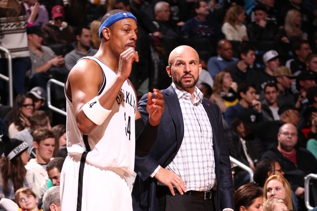 NEW YORK, NY - JANUARY 04: Paul Pierce #34 of the Brooklyn Nets talks to Head Coach Jason Kidd during a game against the Cleveland Cavaliers at the Barclays Center on January 4, 2014 in the Brooklyn borough of New York City.  NOTE TO USER: User expressly acknowledges and agrees that, by downloading and/or using this Photograph, user is consenting to the terms and conditions of the Getty Images License Agreement. Mandatory Copyright Notice: Copyright 2014 NBAE (Photo by Nathaniel S. Butler/NBAE via Getty Images)