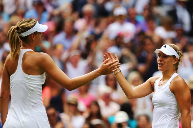 LONDON, ENGLAND - JULY 01:  Angelique Kerber of Germany shakes hands with Maria Sharapova of Russia after their Ladies' Singles fourth round match on day eight of the Wimbledon Lawn Tennis Championships at the All England Lawn Tennis and Croquet Club on July 1, 2014 in London, England.  (Photo by Al Bello/Getty Images)