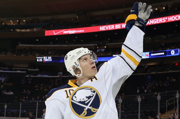 NEW YORK, NY - APRIL 10:  Christian Ehrhoff #10 of  Buffalo Sabres skates against the New York Rangers at Madison Square Garden on April 10, 2014 in New York City. The Rangers defeated the Sabres 2-1.  (Photo by Bruce Bennett/Getty Images)